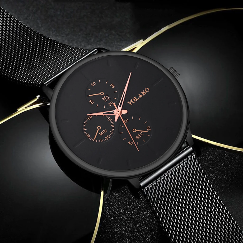 YOLAKO мужские черные сетчатые часы из нержавеющей стали деловые кварцевые часы Роскошные повседневные спортивные наручные часы Relogio Masculino
