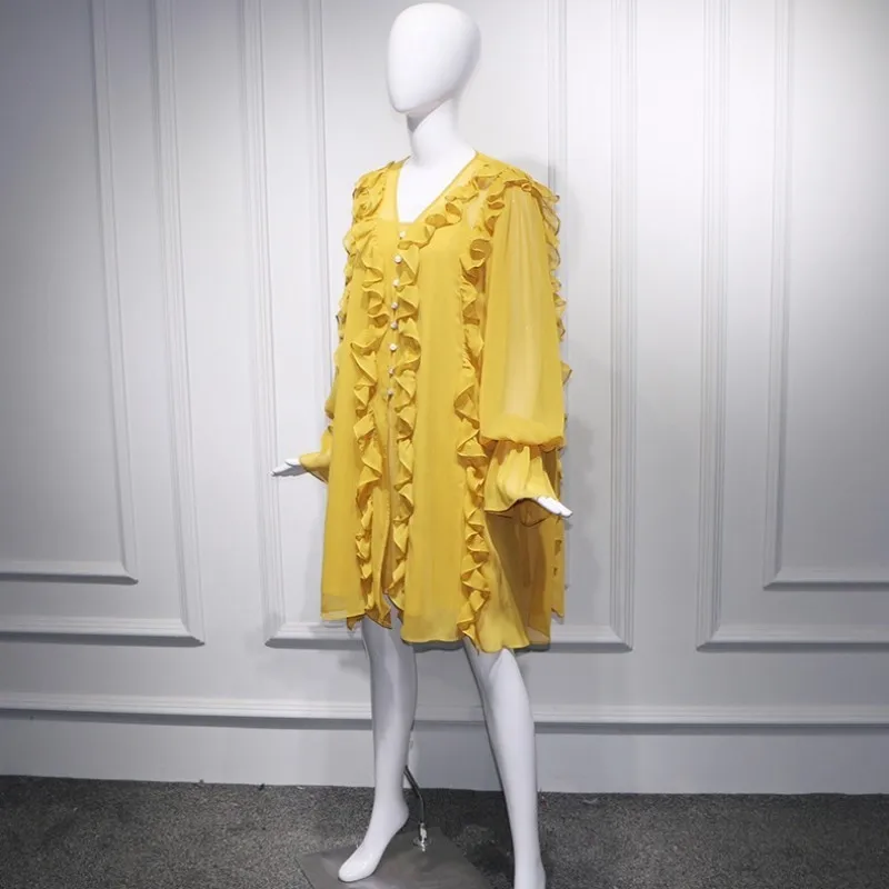 

2020 Summer Women Yellow Flare Sleeve Ruffle Shirts Designer Beach Style Holiday Long Shirts Female Vintage Sexy V-Neck Clothes