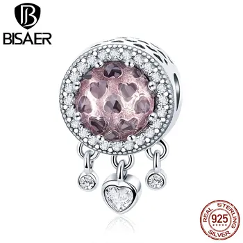 

BISAER New Arrival Silver 925 Original Pink CZ Little Love Heart Filling In Beads Charm Fit Charms For Jewelry Making HSC998