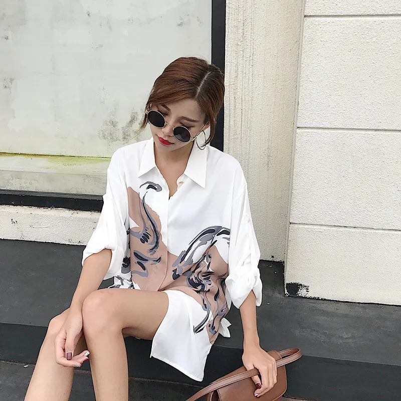 Ceny Woherb 2020 obszerna koszula z nadrukiem w stylu Vintage z długim rękawem bluzka damska moda Streetwear kobieta dorywczo luźna koreańska Blusas 74413