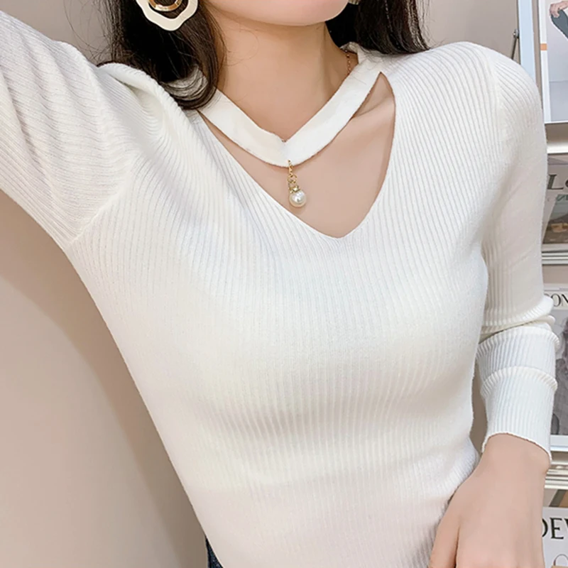 

LJSXLS Autumn Winter Korean Tops Female V Neck Knitted Sweater 2020 Long Sleeve Pullover Black White Gray Women Soft Sweaters