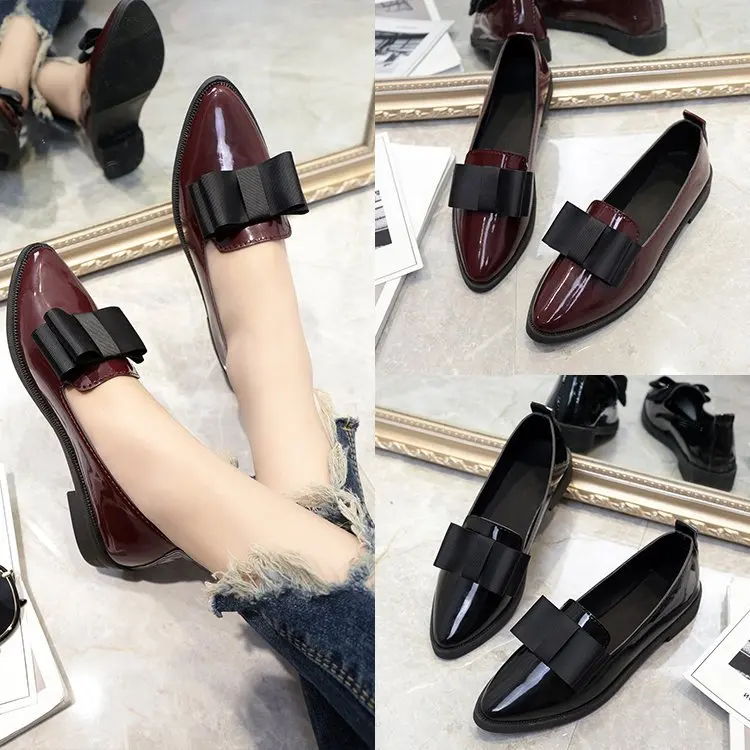 

2018 Spring New Style Business-Style Women's Pointed-Toe Bow Small Leather Shoes Students Versatile WOMEN'S Flat Shoes Chunky-He