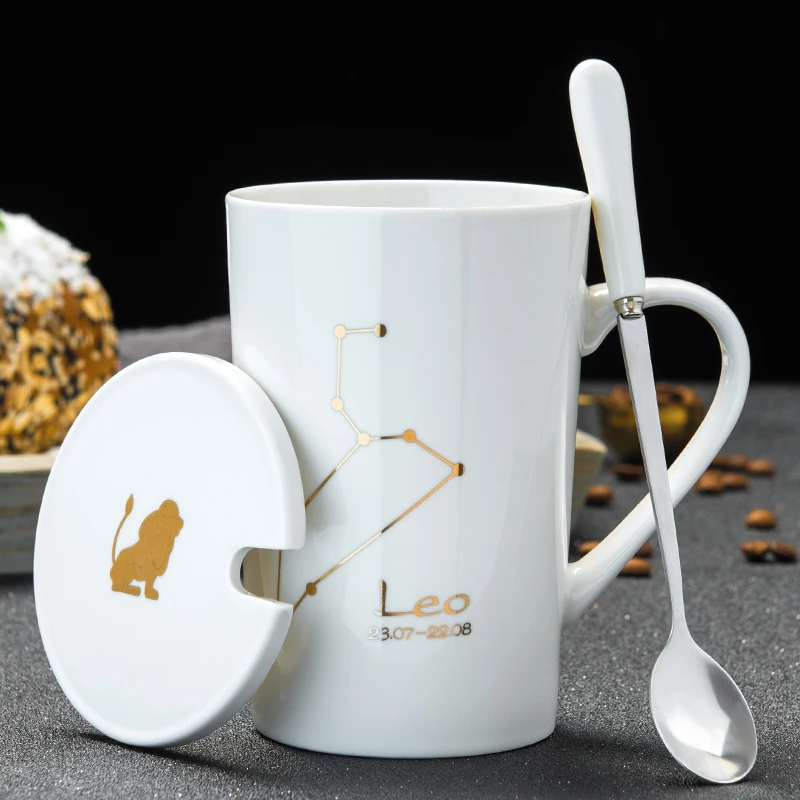 420 мл 12 Созвездие креативная керамическая кружка для пары, с ложкой крышка Черный Золотой фарфор Зодиак молоко кофейная чашка - Цвет: Leo