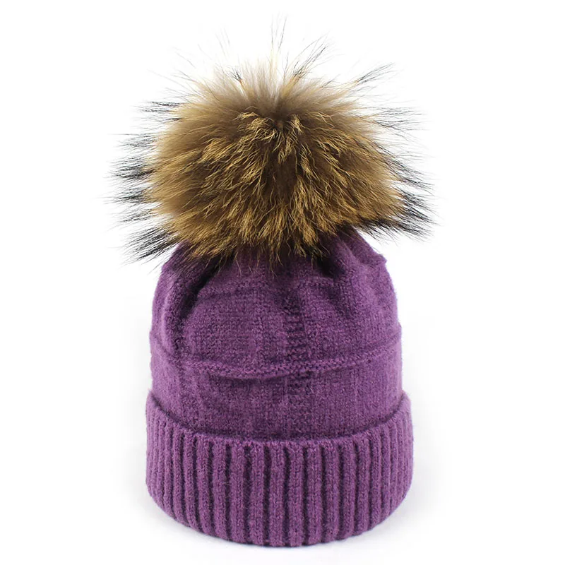 purple Minhui, шапки из натурального меха для женщин, зимние шапки, вязаная шапка, одноцветная шапка, шапочки, шапка с помпоном Skullies - Цвет: purple