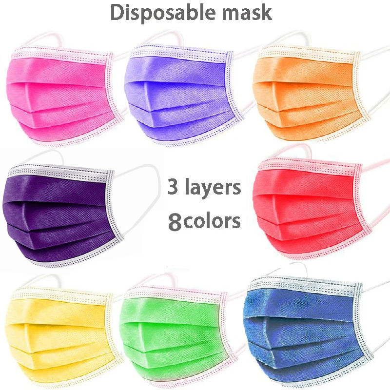 Mascarilla desechable de 3 capas para adultos, máscara facial de tela no tejida con filtro, color morado, naranja, verde, Multicolor, 10-100 Uds.