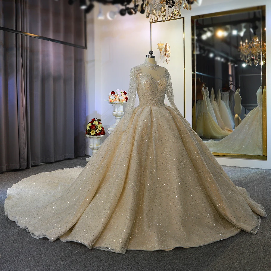Элегантное свадебное платье с высоким вырезом, украшенное бусинами, Дубай, с длинными рукавами, дизайн amanda novias - Цвет: picture champagne