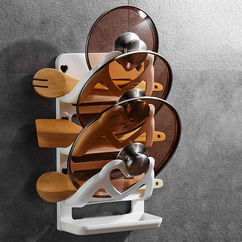 

Wall Hanging Plastic Pot Lid Rack Spoon Chopping Board Holder Pot Lid Shelf Cooking Dish Rack Pan Cover Drain Rack Kitchen Tools