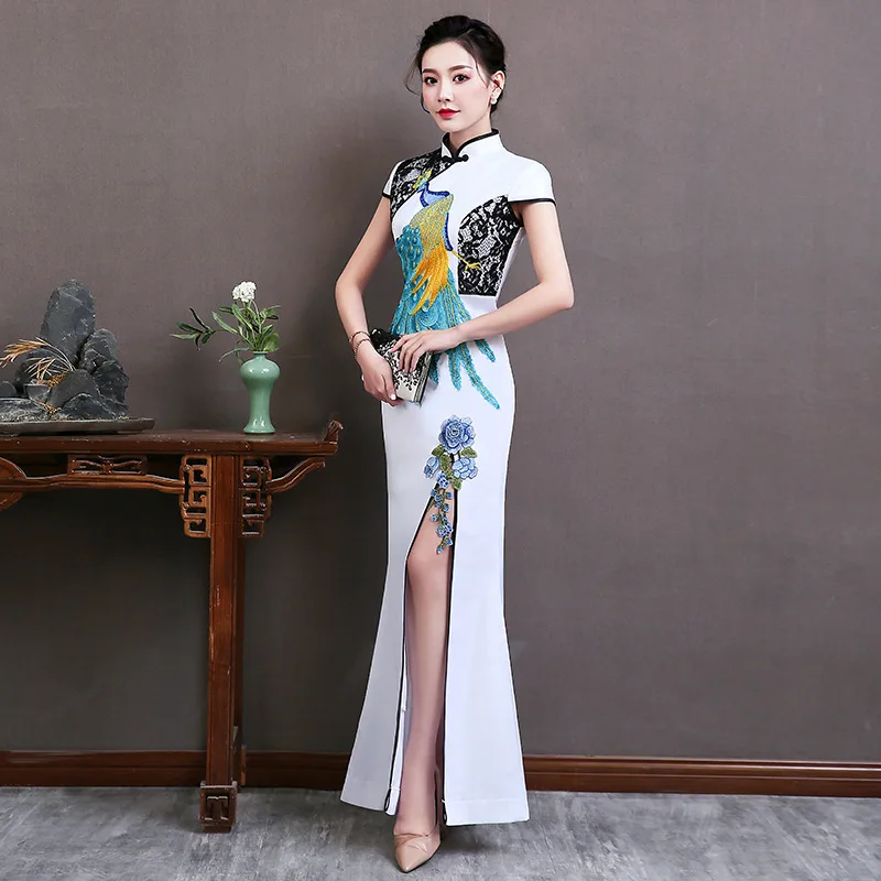 Женское длинное платье Cheongsam в винтажном китайском стиле с воротником-стойкой, весеннее платье с коротким рукавом Qipao, облегающее вечернее платье Vestido S-5XL