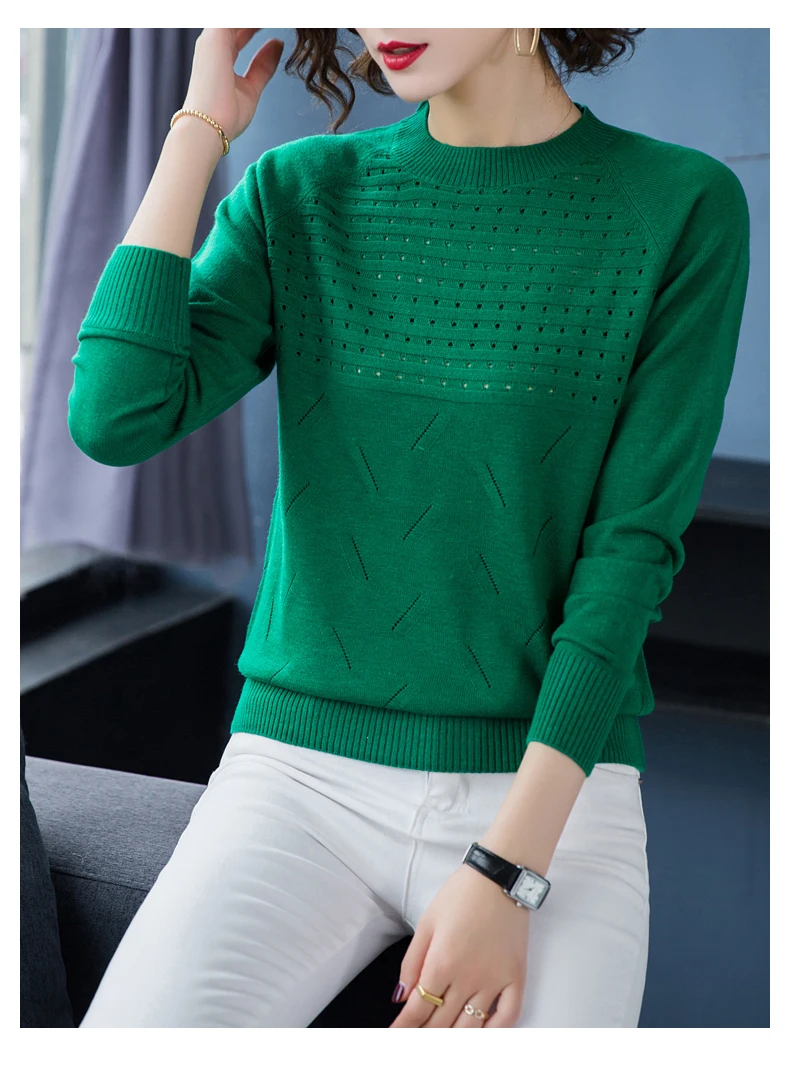 XJXKS Sueters De Mujer Moda элегантный шерстяной пуловер женский полый сплошной цвет длинный рукав женский вязаный свитер