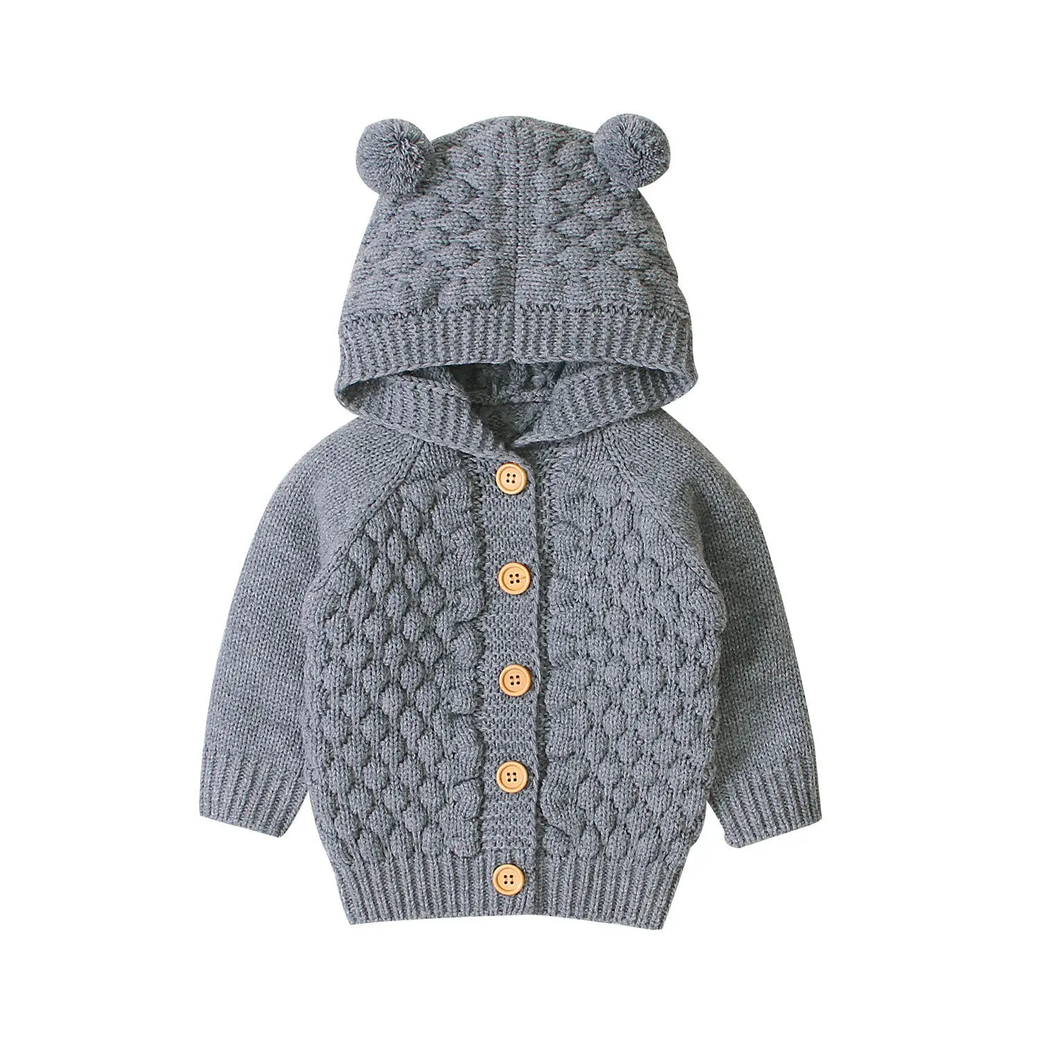 Милый детский свитер с ушками для маленьких мальчиков и девочек, теплое вязаное пальто с капюшоном, верхняя одежда - Цвет: Серый
