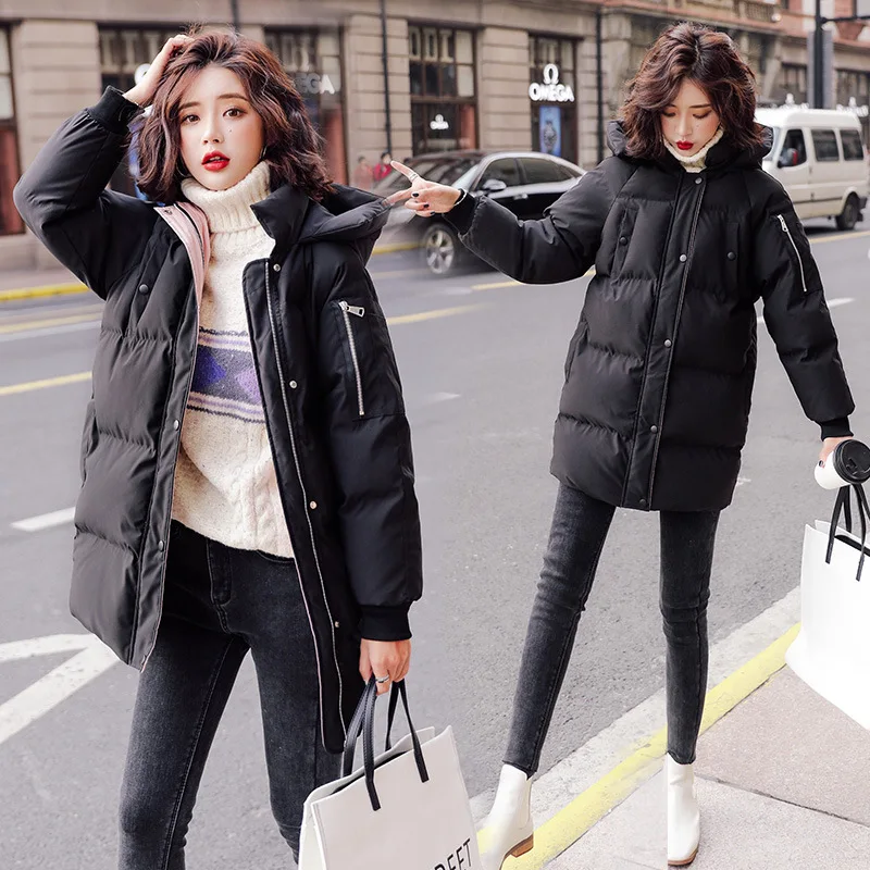 

Cotton-padded Clothes/Cotton Coat Fashion Hooded 2018 Winter Mid-length Slim Fit Elegant Solid Color Students Women Jacket