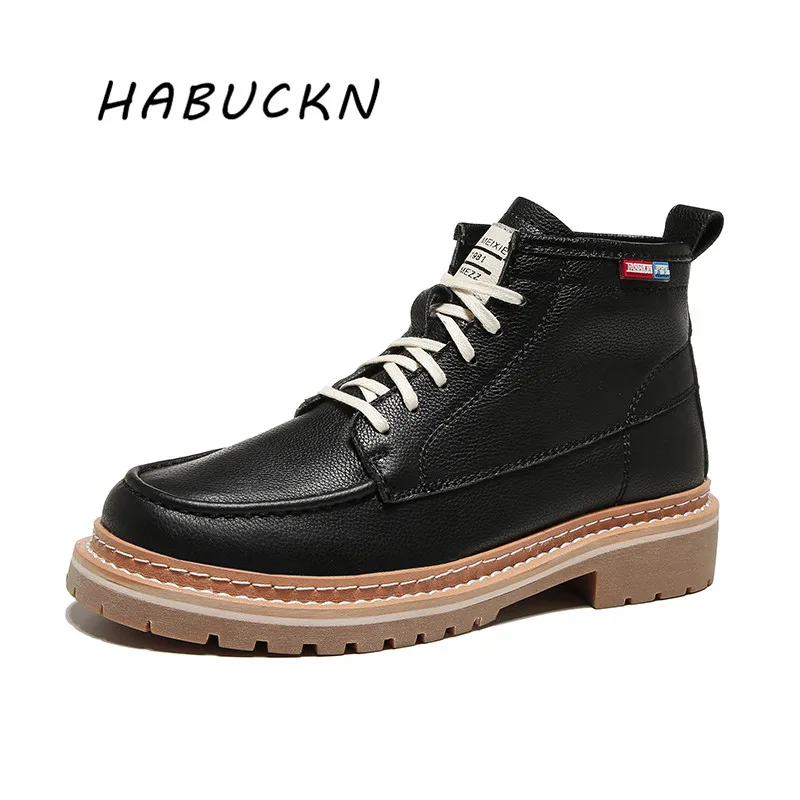 

HABUCKN Autumn Ankle Boots Women Flat Platform Boots Warm Plush winter boots Round Toe Lace-up leather shoes