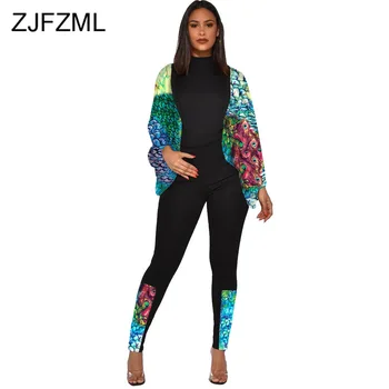 

Colorful Print Patchwork Causal Two Piece Sets Women Lantern Sleeve Slim T Shirts + Bodycon Long Pencil Pants 2 Pcs Sweat Suits