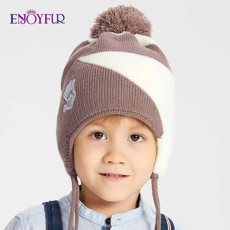 ENJOYFUR Boys Real Fox Fur Pompom Hats For Winter Warm Geometric Cotton Kids Beanies Thick Knitted Ears Boys Cap