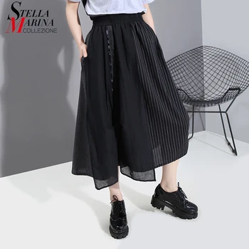 

* New Women High Waist 2020 Korean Style Summer Black Cotto Skirt Striped Part Joined Calf Length Ladies Casual Wear Skirt 6395