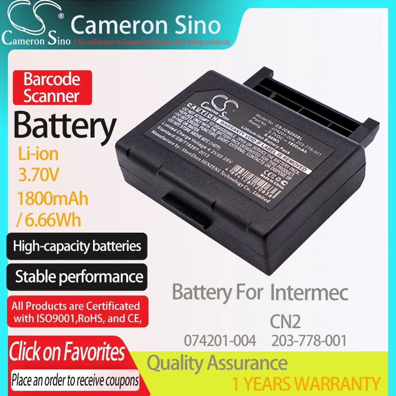 Barcode Scanner Battery,Compatiable for Intermec CN2,Replacemen for 074201-004 203-778-001 1800mAh 6.66Wh 