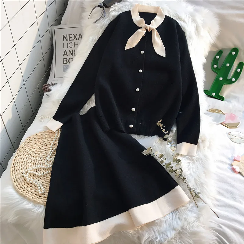 

2019 winter new women sweater sets two pieces knitted cardigan and solid skirts office lady elegant skirts suits top quality