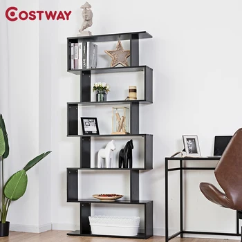 

6-Tier Modern S-Shaped Bookcase Z-Shelf Style Storage Bookshelf Natural Oak Colored Surface Home Office Room Bookshelf