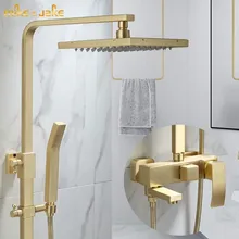 Набор для душа с золотой щеткой, Настенный матовый золотой душ, роскошная щетка для ванной, золотой настенный смеситель для душа, ванна, горячий и холодный кран