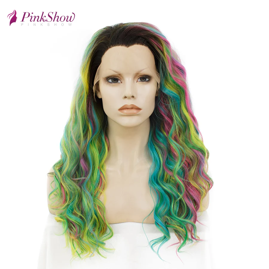 

Pinkshow Rainbow Wig Green Mixed Color Synthetic Lace Front Wig Deep Wave Lace Front Wigs For Women Heat Resistant Fiber