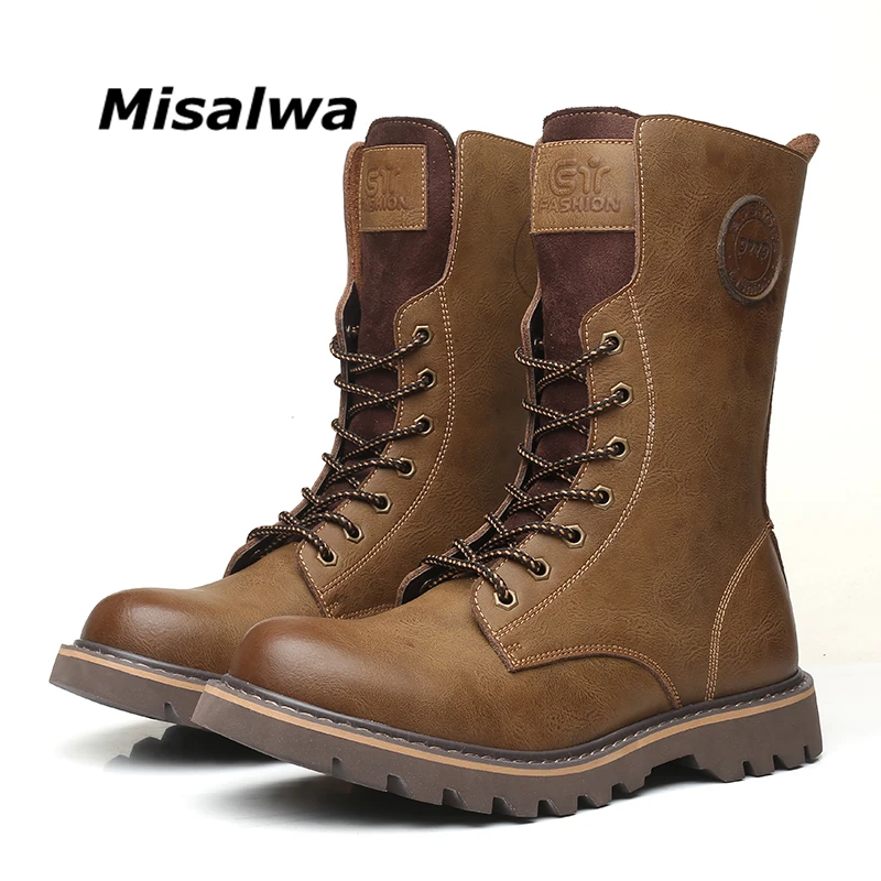 

Misalwa Vintage Basic Cowboy Mens Knee High Boots Men's Motorcycle Long Boots Men Higs Knee Boots Military 2.5CM Elevator Shoes