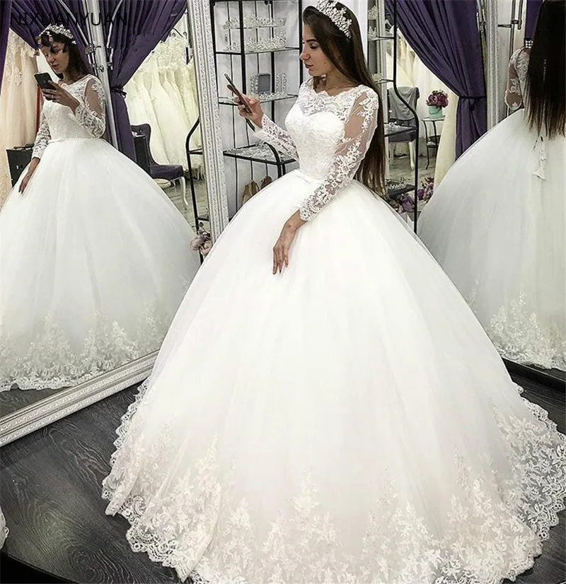 

Long Sleeves Lace Up Back Lace Applique Princess Ball Gown Wedding Dresses Lace Bride Gowns Vestido De Noiva