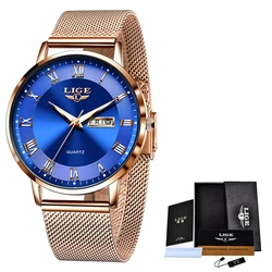 LIGE Women's Luxury Ultra - Thin Mesh Quartz Watch - Fashion Casual Sport Chronograph (Rose gold blue)