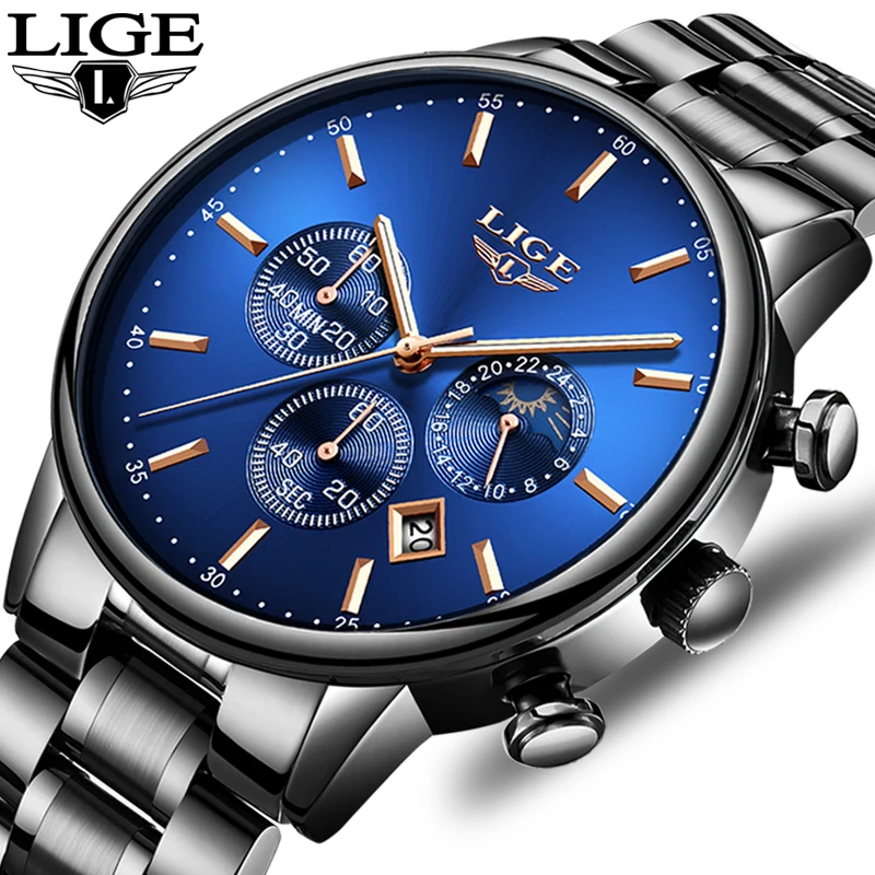 

LIGE New Blue Quartz Watches Mens Fashion Business Waterproof All Steel Clock Male Big Dial Date Multifunction Sport Chronograph