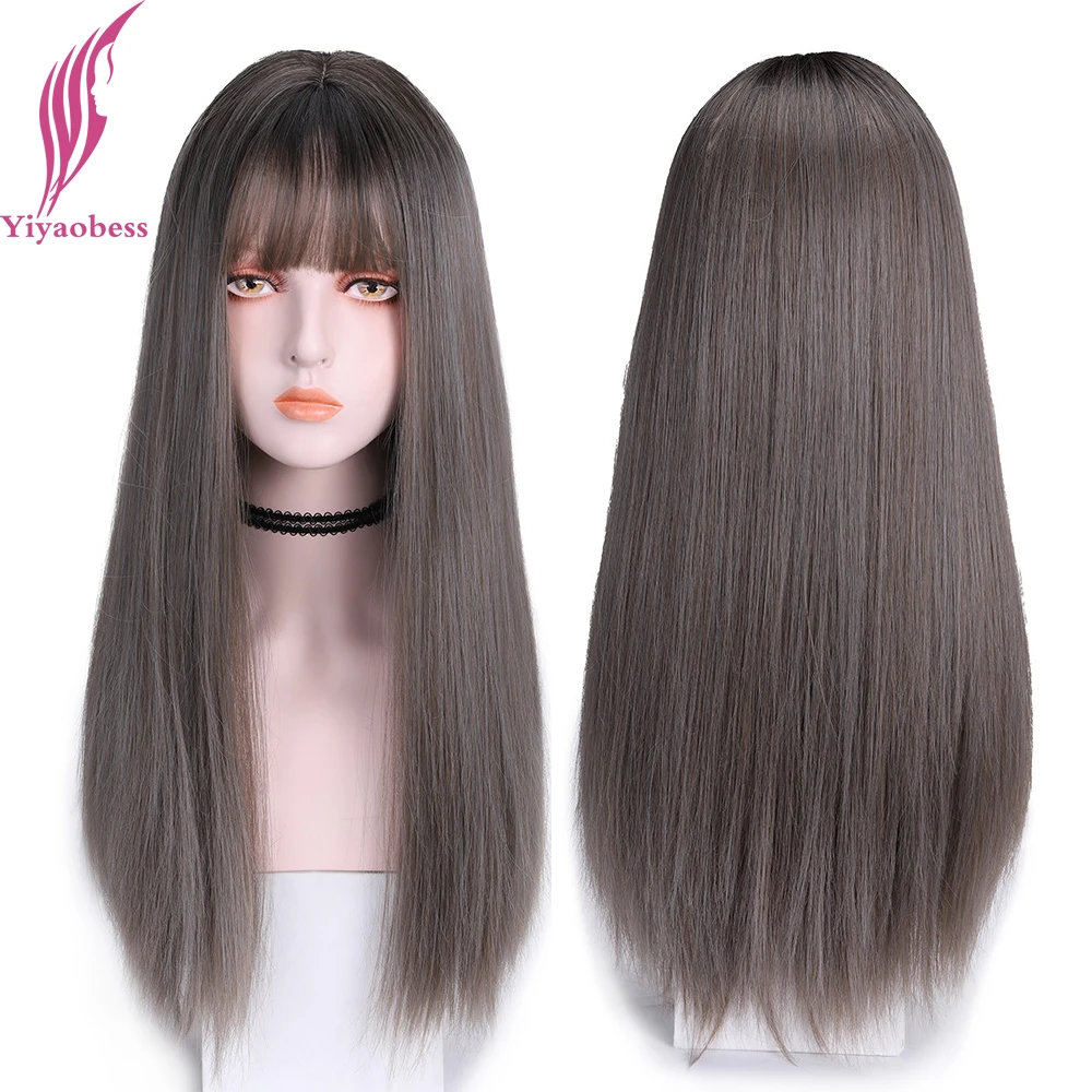Yiyaobess 28inch Long Straight Wig With Bangs Korean Style Linen Grey Black  Brown Ombre Natural Synthetic Hair Wigs For Women|Synthetic None-Lace Wigs|  - AliExpress