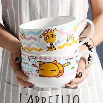 

Binaural Bowl Noodle Bowl Ceramic with Handle Instant Noodle Cup Student Dormitory with Lid Instant Noodle Bowl Soup Bowl Ramen