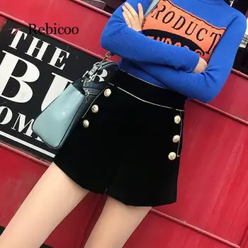 

High Quality Autumn Winter Velvet Shorts Women Elegant High Waist Wide Leg Short Pants Ladies Office Work Boots Shorts Button