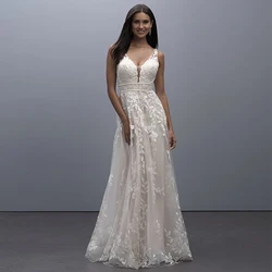 Applique Ivory Simple Wedding Dresses for Ladies Formal Party Sleeveless Deep V-Neck with Puffy Tulle Bridal Gowns Sweep Train