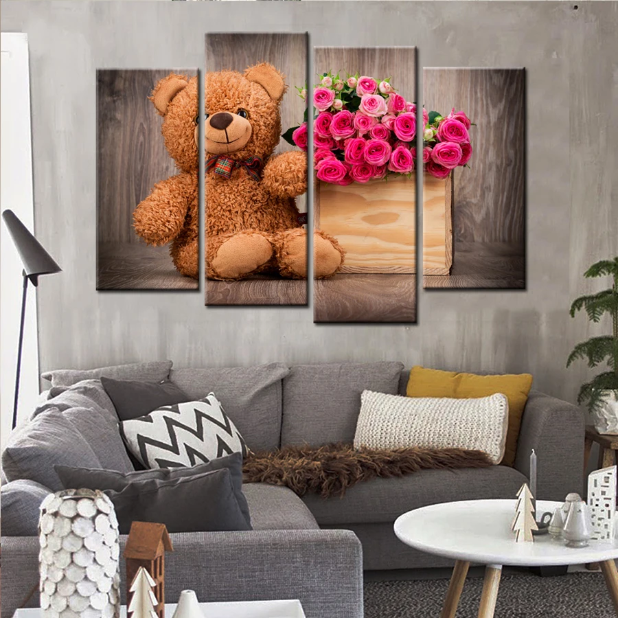 

4 Panel Teddy Bear Flowers full square round drill set diy diamond painting 5d diamond mazayka embroidery kids room decor