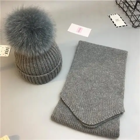 GRAY Set Fox Ball Милые Детские Девочки помпон зимние наборы шарф шапка натуральный шарик из меха лисы мать дети теплые вязаные шапки бини родитель-Детские шапочки - Цвет: GRAY Set Fox Ball