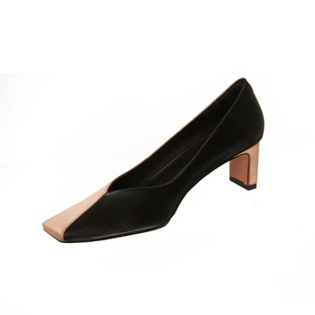 

New Stylish Genuine Leather Square Heel Ladies Pumps Sexy square Toe High Heel Shoes Basic Slip-On Women Pumps