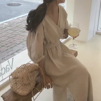 

Summer Vintage Sexy V Neck Cotton Long Dress Women 2020 Elegant Loose Brief Sundress with Waistbelt