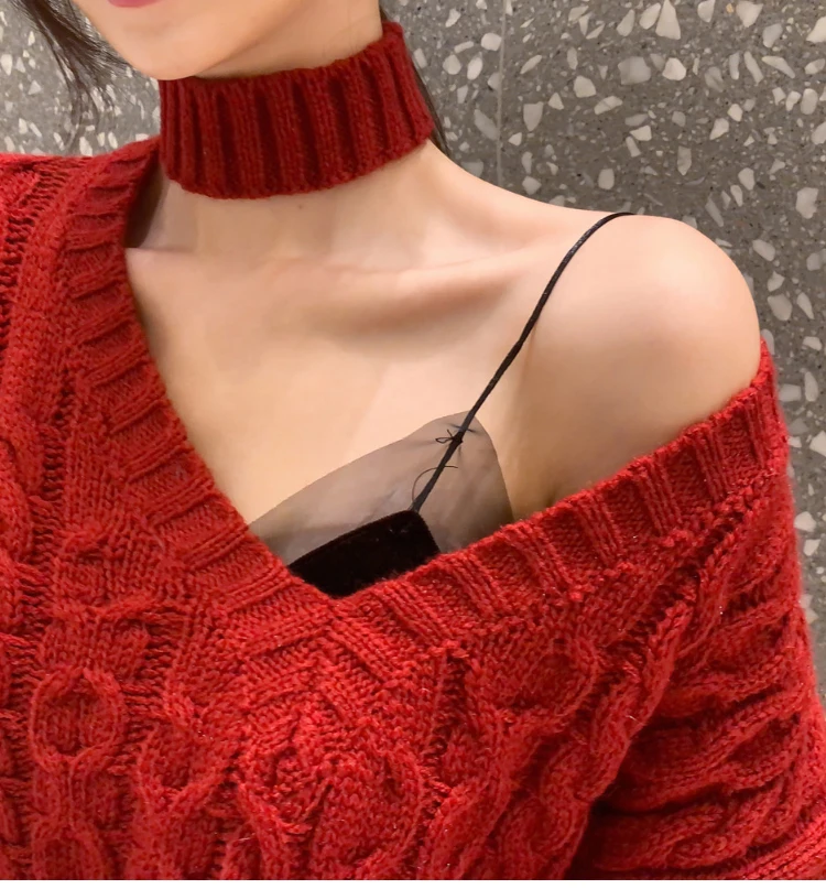 Korean style loose short twist halter sexy strapless ladies temperament long-sleeved knitted sweater