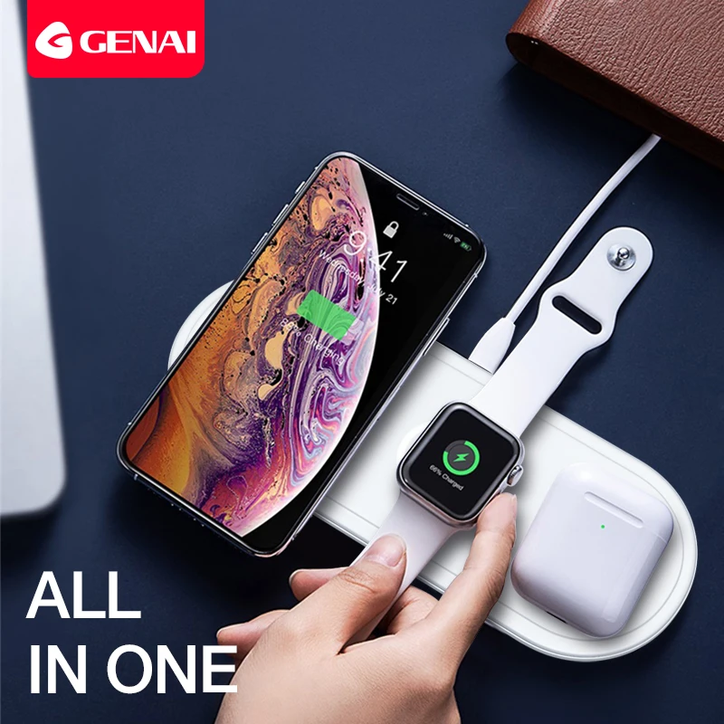 Genai 3 in 1 Wireless Charger For iPhone 12 Pro Max Samsung Fast Wireless Charging Pad For Apple Watch 5 4 3 For Airpods Pro