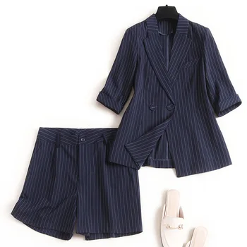 

Plus size Women shorts suit new 2020 summer office white blue striped blazer double breasted blazers two piece shorts set outfit