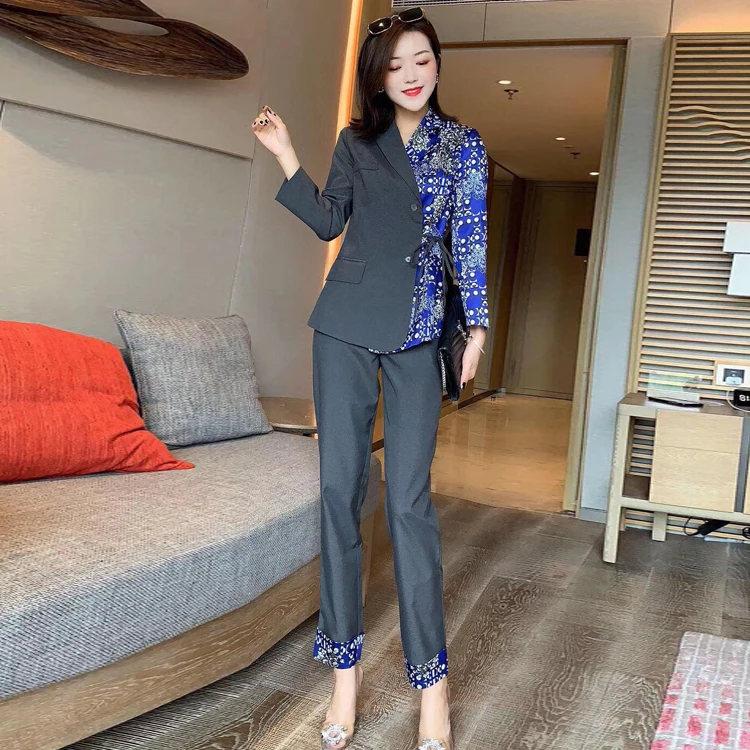 

High Quality Fashion Women's Runway Set 2020 New Spring Office Lady Outfits Long Sleeve Color Block Print Blazer and Pants Sets