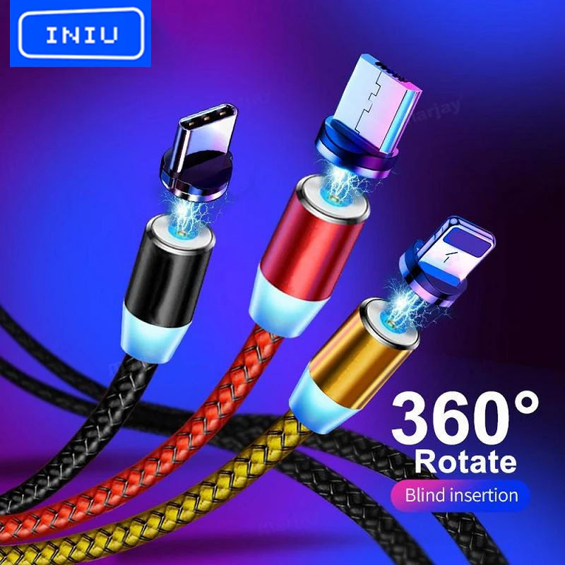 Магнитный кабель INIU со светодиодной подсветкой Micro USB Type-C для быстрой зарядки