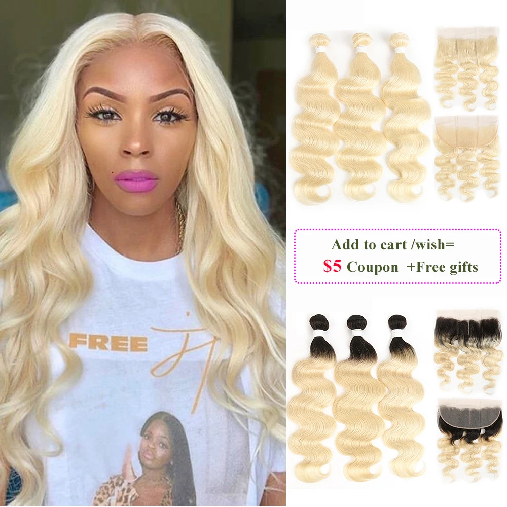 

Ombre Blonde Human Hair Bundles With Fronta 13x4 SOKU Brazilian Body Wave Hair Weave Extension 613 Remy Blonde Hair With Closure