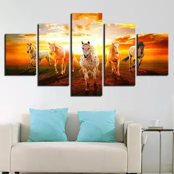 

5 Panel Wall Art Poster Modular Canvas Prints Paintings Sunset Running Horses Pictures Home Decor For Living Room