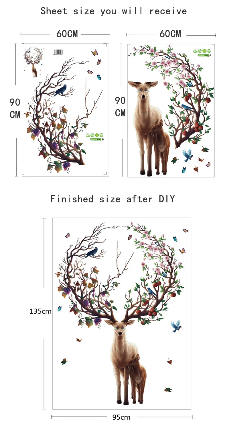 Творческий олень цветные настенные наклейки Рог птицы бабочка дерево ветка дом комната Рождественское украшение на стену украшения виниловые наклейки