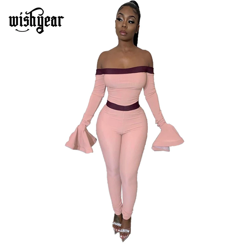 

Wishyear Sexy Off Shoulder Jumpsuit Slash Neck Flare Sleeve Skinny Romper Casual Overalls Night Club Outfits Plus Size XXL