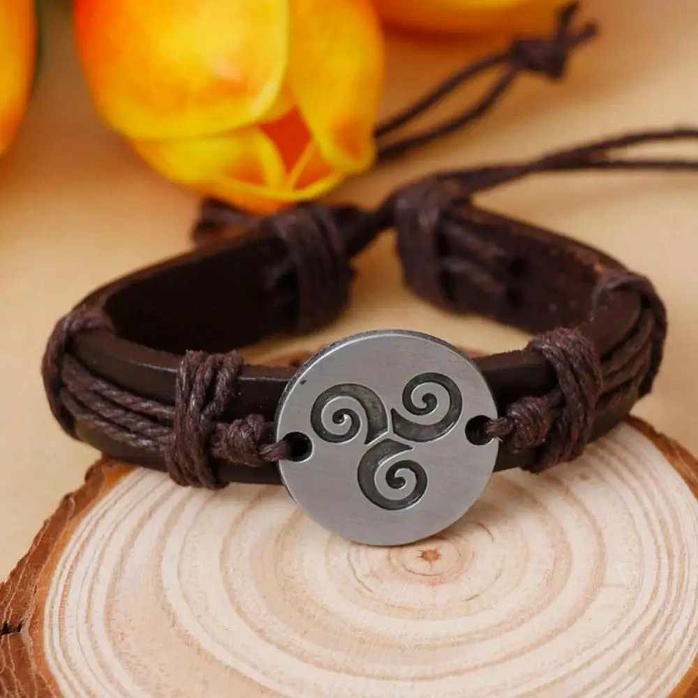 Vintage Bracelets Men Women Spiral Triskele Round Charm Braided Faux Leather Bracelet Birthday Party Gift