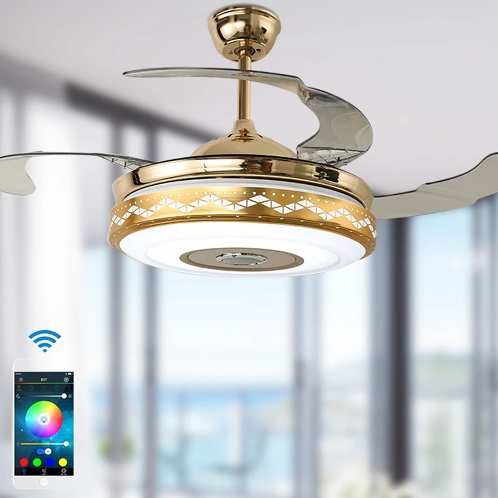 

42 inch Musical Ceiling Fan with Light Phone APP Smart Fans Bluetooth Music Lamp Remote Control Bedroom Lamps Home 40w Inverter