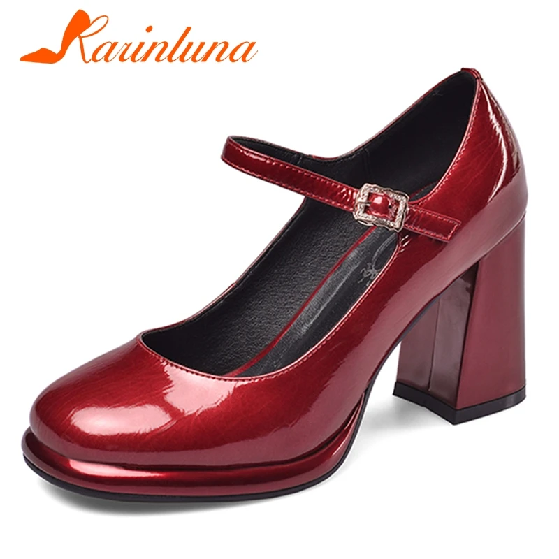 

KARINLUNA Large Size 33-43 Brand Lady Party Pumps Round Toe High Heels Buckle Belt Pumps Women genuine Leather Shoes Woman