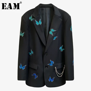 

[EAM] Women Three-dimensional Butterfly Big Size Blazer New Lapel Long Sleeve Loose Fit Jacket Fashion Spring Autumn 2020 1Y427