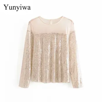 

New 2020 Women Elegant Mesh Patchwork Sequins Blouse Women Chic Basic Long Sleeve Casual Shirt Brand Feminina Blusas Tops